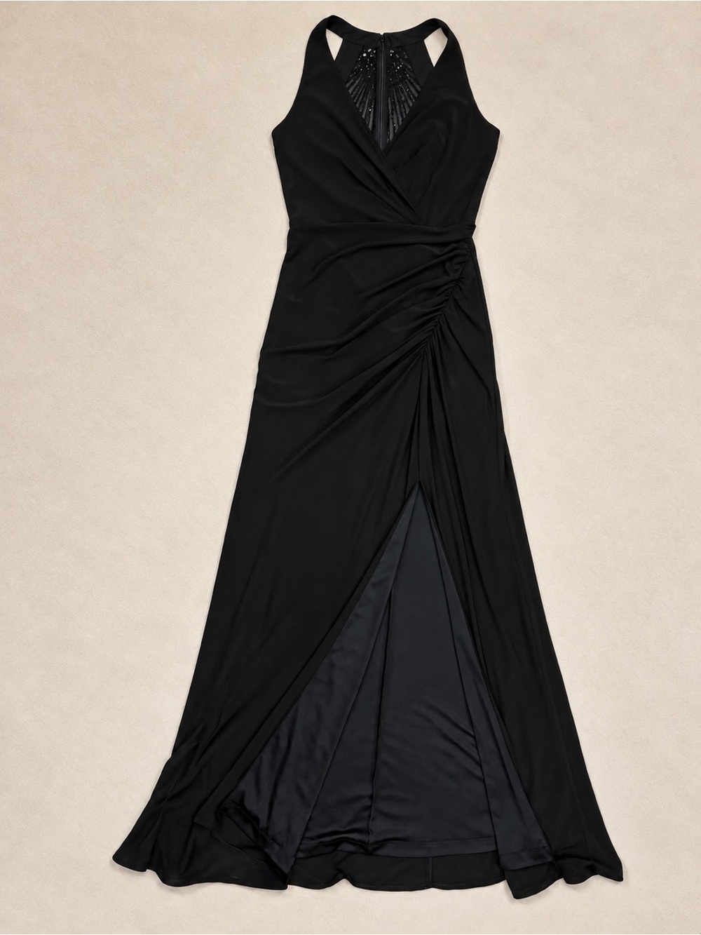 Adrianna Papell Black Beaded Halter Ruched Formal Maxi Gown